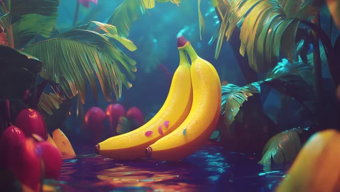 Luminous tropical bananas in stylized rainforest composition.