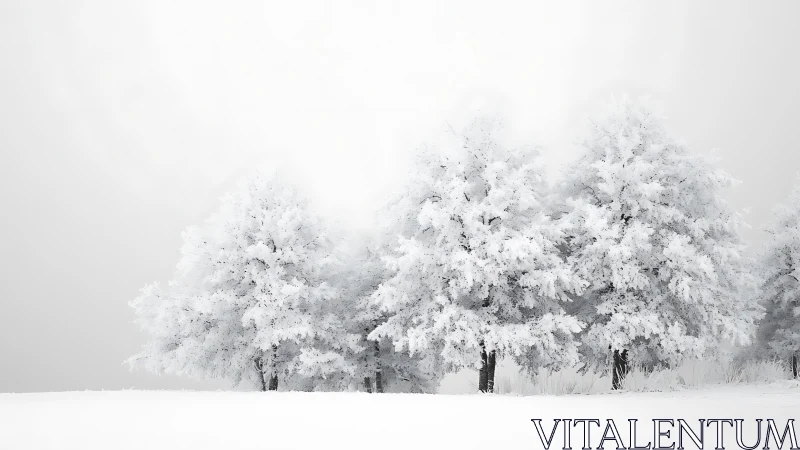 Frosted winter trees stand in minimalist white landscape.