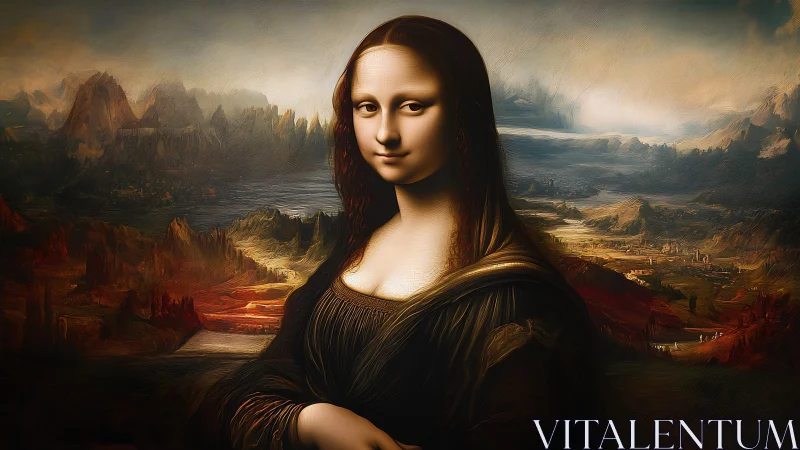 Reinterpreted Mona Lisa with hypertextured atmospheric landscape.