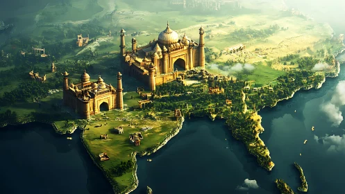 Isometric subcontinental landscape with monumental Mughal-inspired megastructure