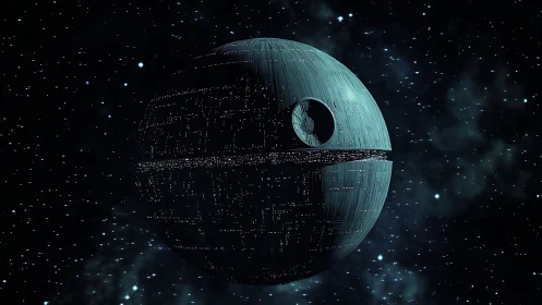 Death Star style spherical space station floats in deep space