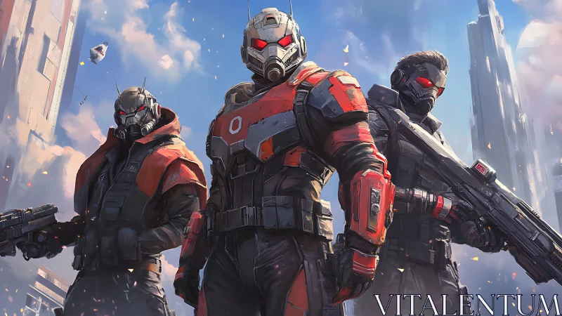 Armored trio standing bold in futuristic red combat exosuits.