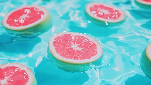 Floating grapefruit slices in vibrant turquoise poolscape.