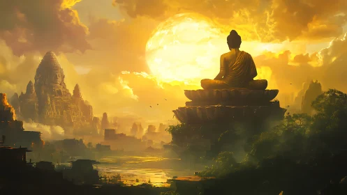Sunlit Buddha over mythic city with radiant golden clouds.