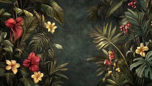 Tropical Flowers Against Moody Dark Green Background