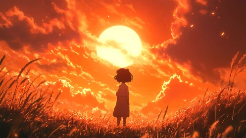 Backlit child silhouette observes volumetric sunset sky gradients