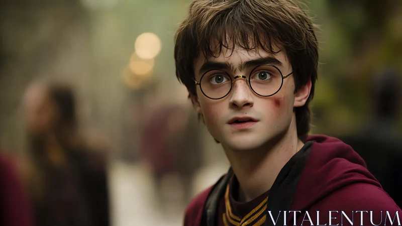 Young wizard student with glasses in worn school robe.