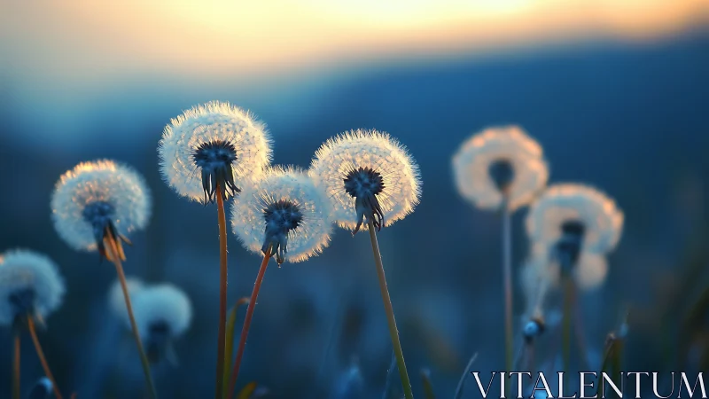 Soft dandelion wishes glow gently in the calm evening light
