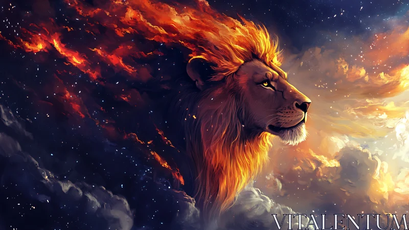 Celestial lion portrait with blazing cosmic fire mane.