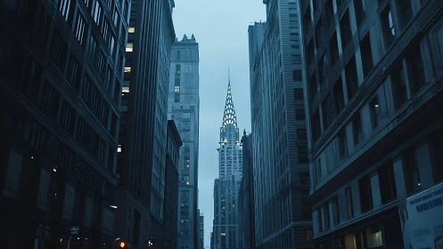 Nocturnal urban canyon with axial view to spired tower.