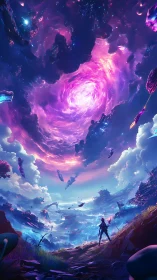 Stargazer at the neon rift beneath a swirling cosmic storm.