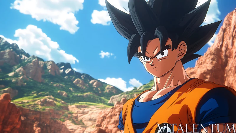 Determined anime fighter in orange gi in rocky canyon.