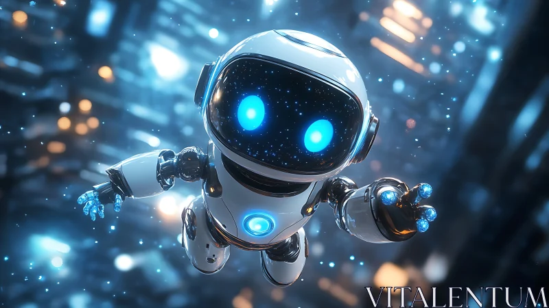 Small humanoid robot floats in illuminated digital city space
