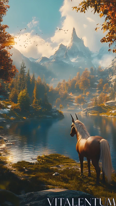 Unicorn lingers by mirrorlake while mountains dream aloud