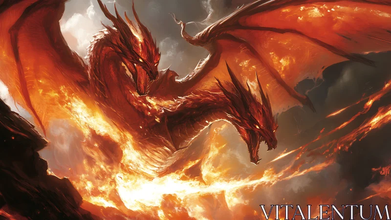 Bifurcated fire dragon with molten wings unleashes converging flames