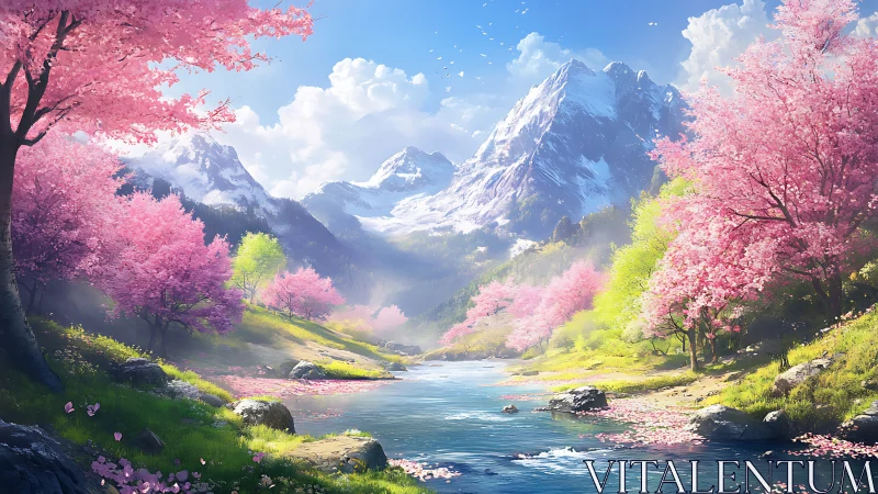 Blossom-bright valley cradling crystal river and snow peaks.