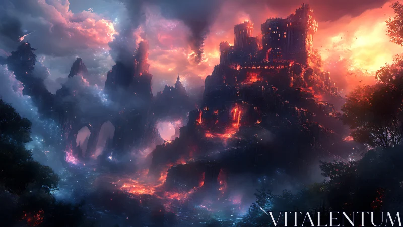 Stormlit citadel over rivers of fire and enchanted mist.