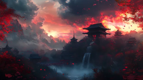 Crimson mountain temple glows above mist and waterfalls.