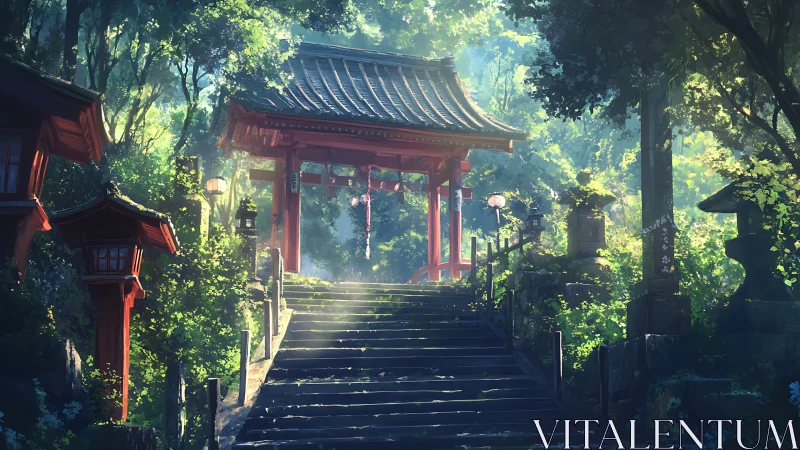 Soft morning light welcomes a tranquil forest shrine path