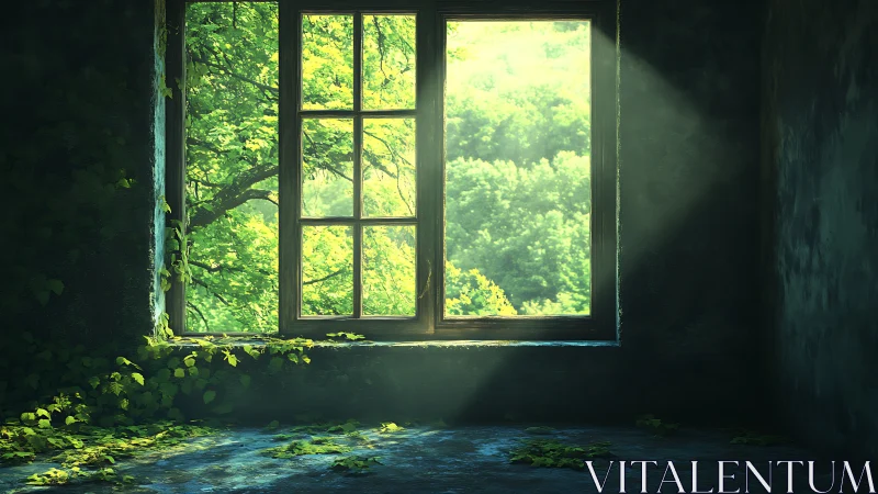 Sunlit overgrown interior window with verdant forest view.