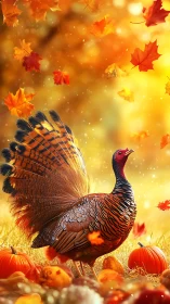 Autumn prince turkey struts amid swirling golden leaves.