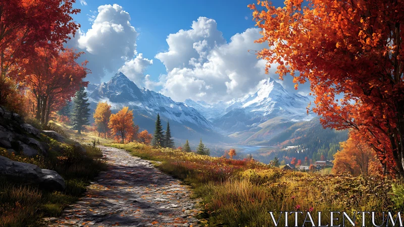 Golden autumn trail winding toward peaceful snowy peaks.