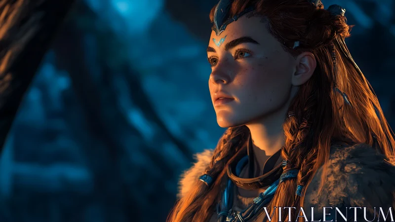 Embers of dawn crown a vigilant huntress in frosted silence