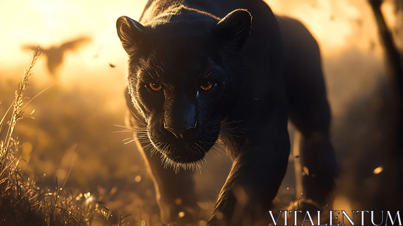 Black Panther Stalking Through Golden Savanna Sunset.
