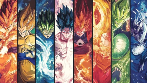 Vertical montage depicts stylized energy figures in panels