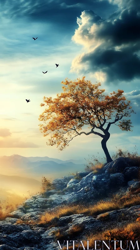 Solitary mountain tree bends above sunlit valley at dawn