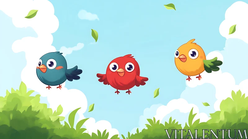 Cartoon songbirds glide above bright spring canopy.