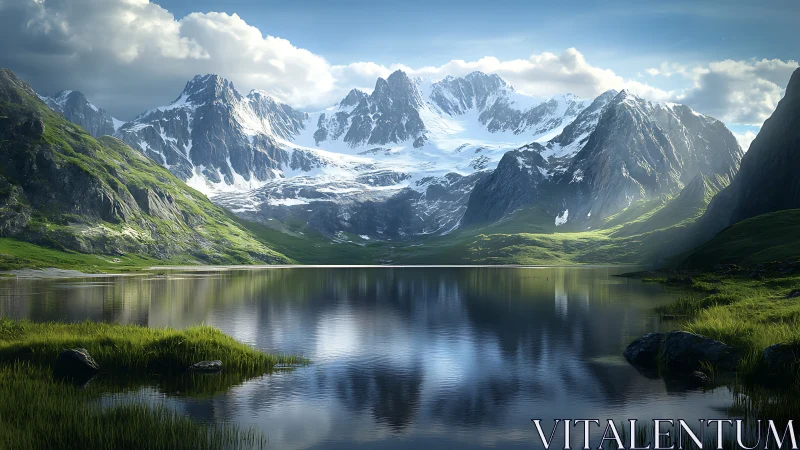 Snowcrowned guardians mirror over a hush-bright valley lake.