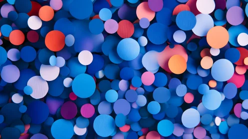 Layered blue and coral circles create bold abstract depth.