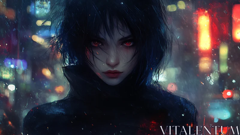 Nocturnal cyberpunk portrait with luminous red irises.