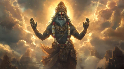 Mythic deity figure in luminous clouded temple landscape.