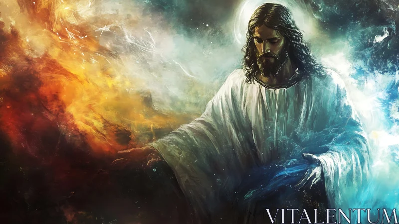 Messianic figure divides turbulent fire and water with luminous aura
