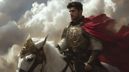 Golden knight and white steed beneath storm-soft skies.