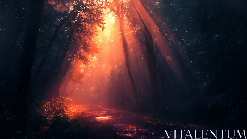 Directional Sunburst Through Dense Forest Canopy with Atmospheric Volumetric Lighting.