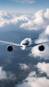 Silver jet carves bright sky corridors between roaming clouds