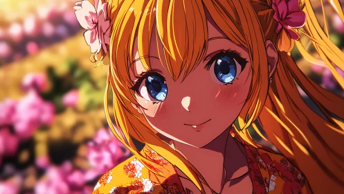 Golden haired anime girl smiles amid glowing pink blossoms.