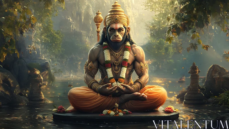 Hanuman figure meditating in ornate forest shrine scene.