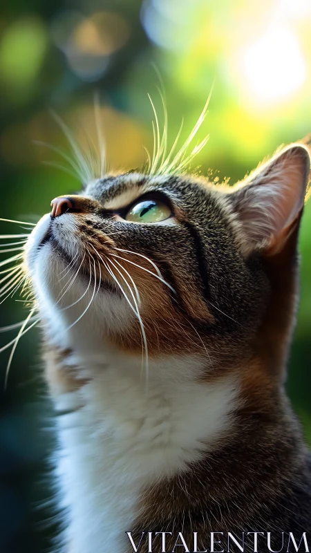 Striped Tabby Cat Gazing Upward in Golden Sunlight Bokeh