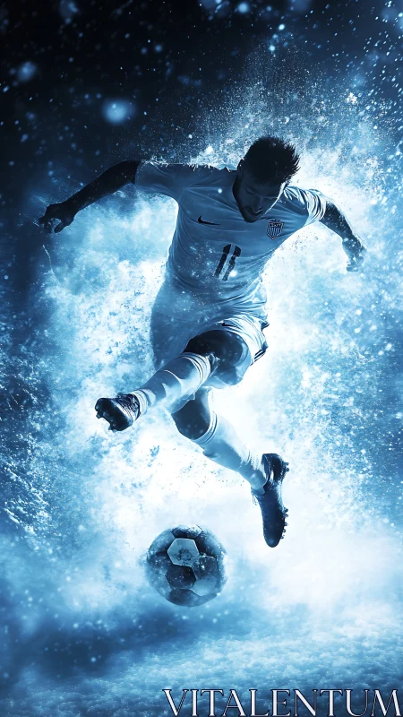 Soccer player in midair kick within blue particle burst