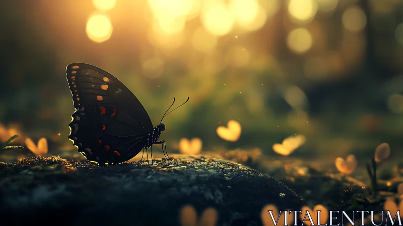 Black butterfly on mossy stone in soft sunset light.