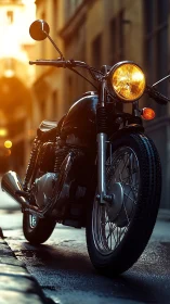 Vintage cafe racer motorcycle glows under golden streetlight