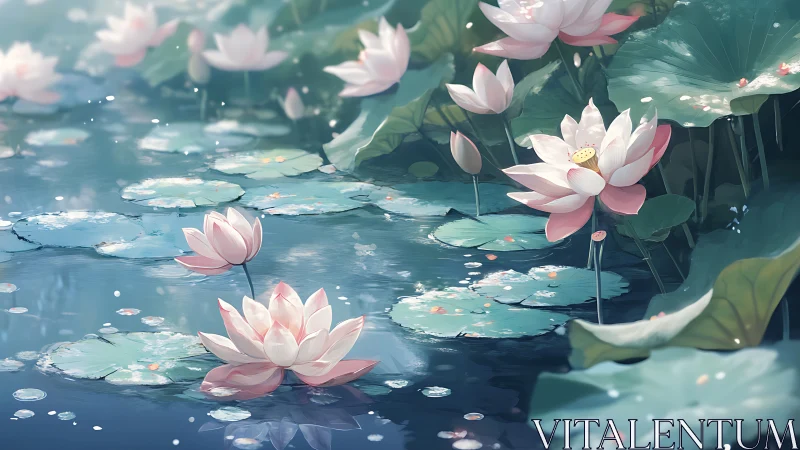Lotus blossoms drift across tranquil blue lily pond.