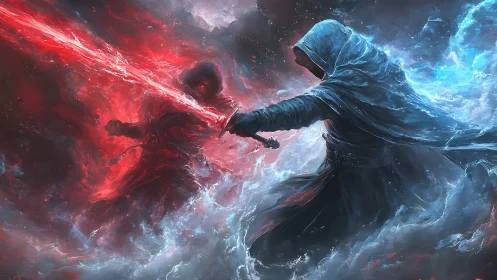 Cloaked duel of ember and frost swirling through storms.
