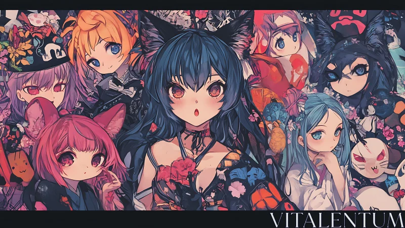 Anime ensemble portrait with florals and fox-spirit framing.