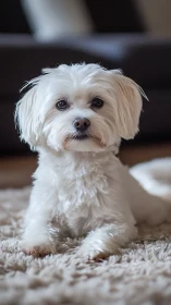 Powder-puff pup guarding the living room kingdom of rugs.