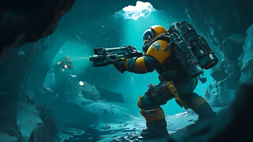 Armored space explorer aims heavy weapon in icy cavern.